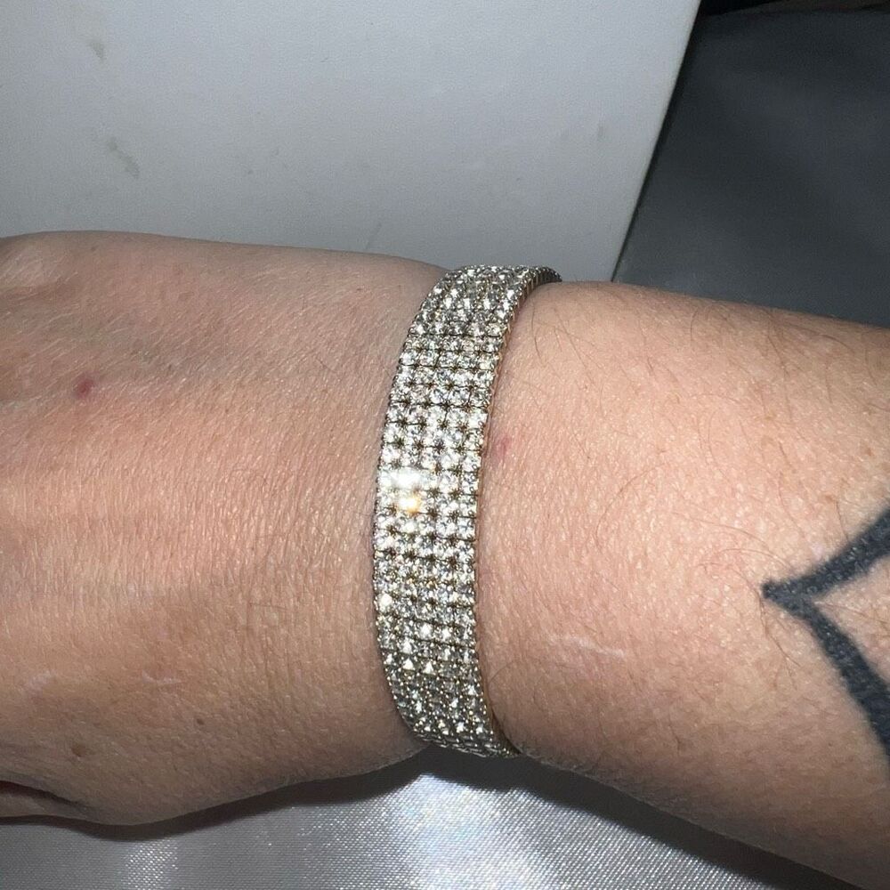 Vintage Silver and Rhinestone Thick Cuff Bracelet